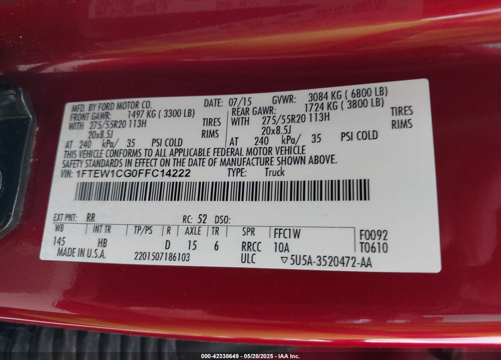 2015 FORD F-150 LARIAT VIN: 1FTEW1CG0FFC14222