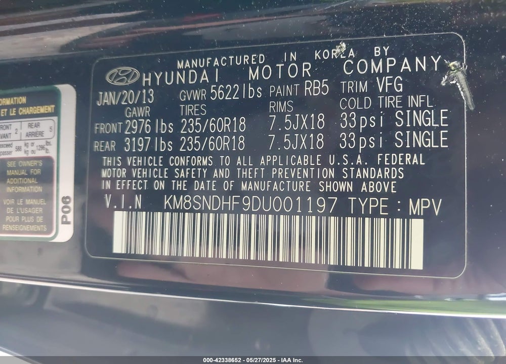 2013 HYUNDAI SANTA FE VIN: KM8SNDHF9DU001197