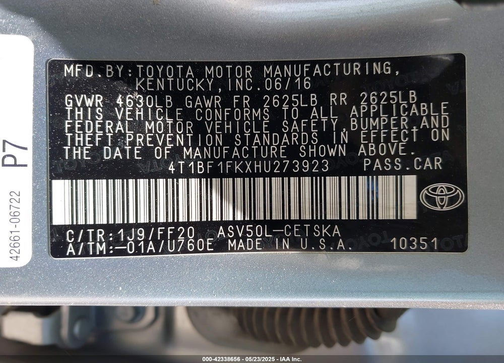 2017 TOYOTA CAMRY VIN: 4T1BF1FKXHU273923