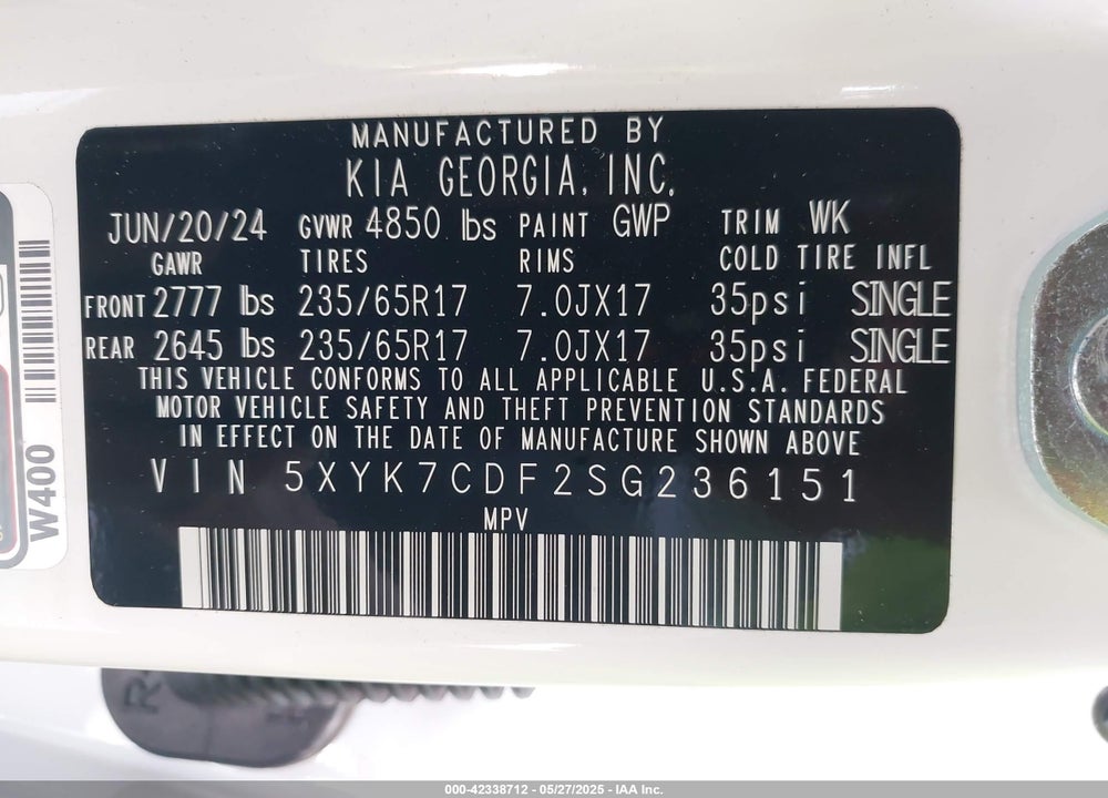 2025 KIA SPORTAGE VIN: 5XYK7CDF2SG236151