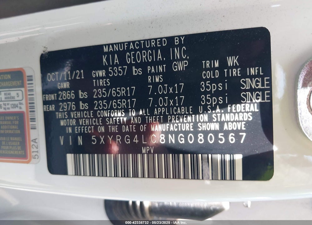 2022 KIA SORENTO VIN: 5XYRG4LC8NG080567