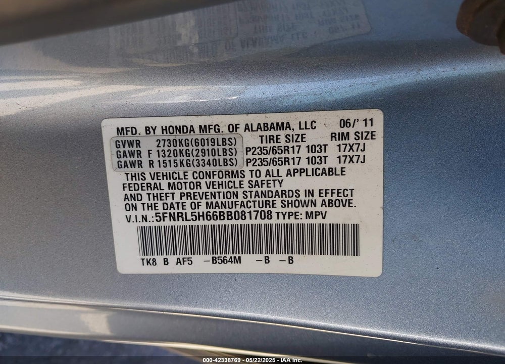 2011 HONDA ODYSSEY EX-L VIN: 5FNRL5H66BB081708