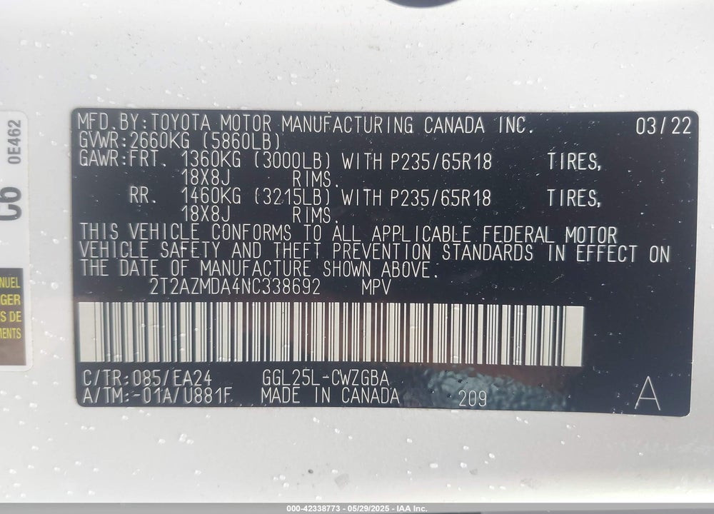 2022 LEXUS RX 350 VIN: 2T2AZMDA4NC338692