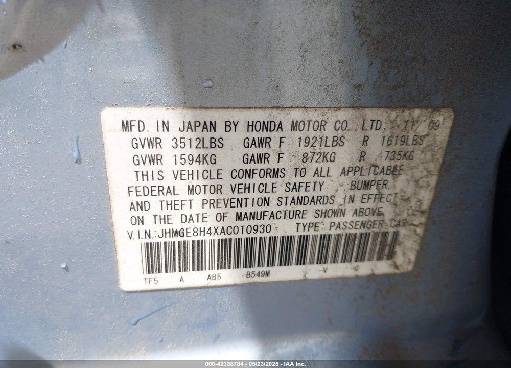 2010 HONDA FIT SPORT VIN: JHMGE8H4XAC010930