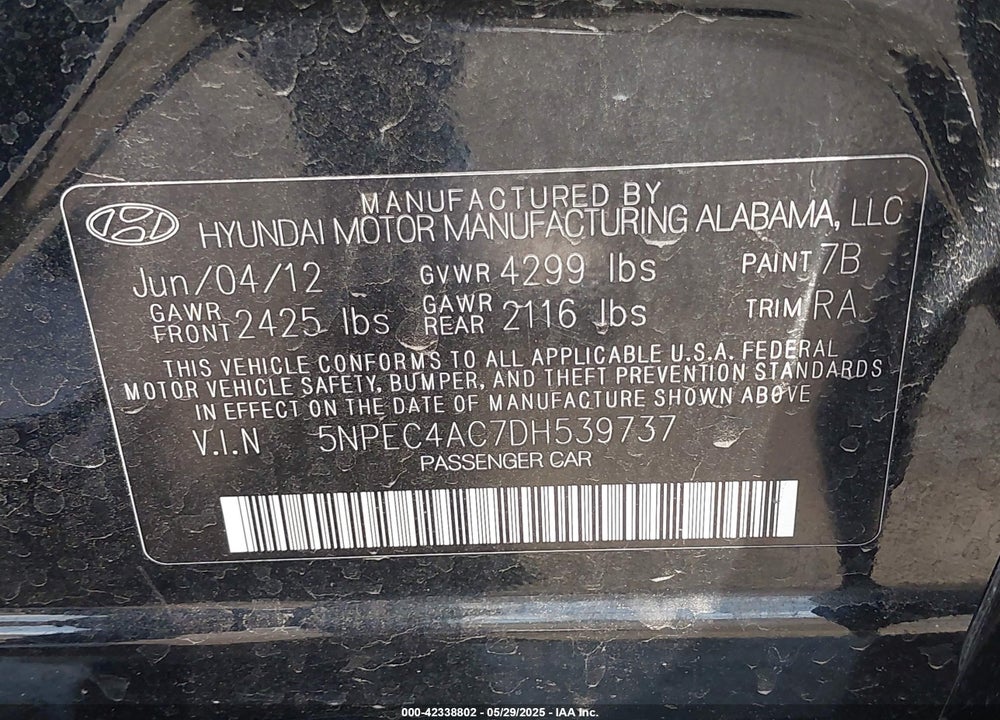 2013 HYUNDAI SONATA VIN: 5NPEC4AC7DH539737