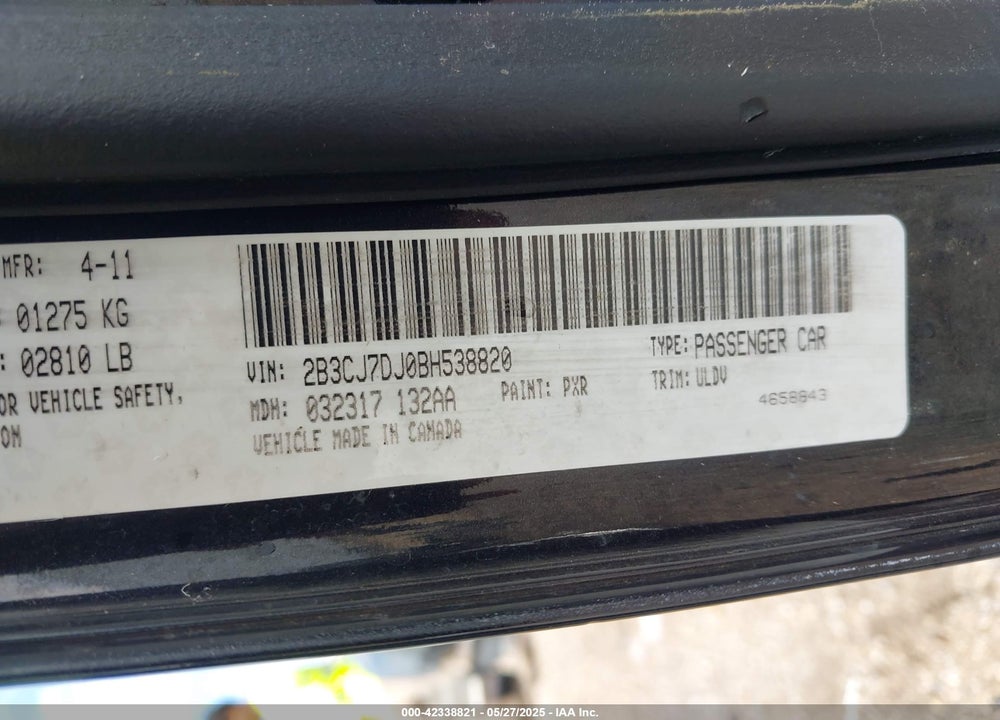 2011 DODGE CHALLENGER VIN: 2B3CJ7DJ0BH538820