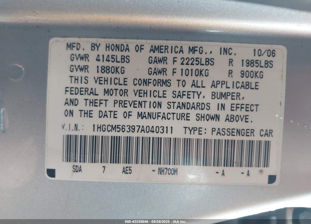 2007 HONDA ACCORD VIN: 1HGCM56397A040311
