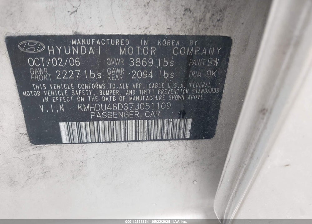 2007 HYUNDAI ELANTRA VIN: KMHDU46D37U051109