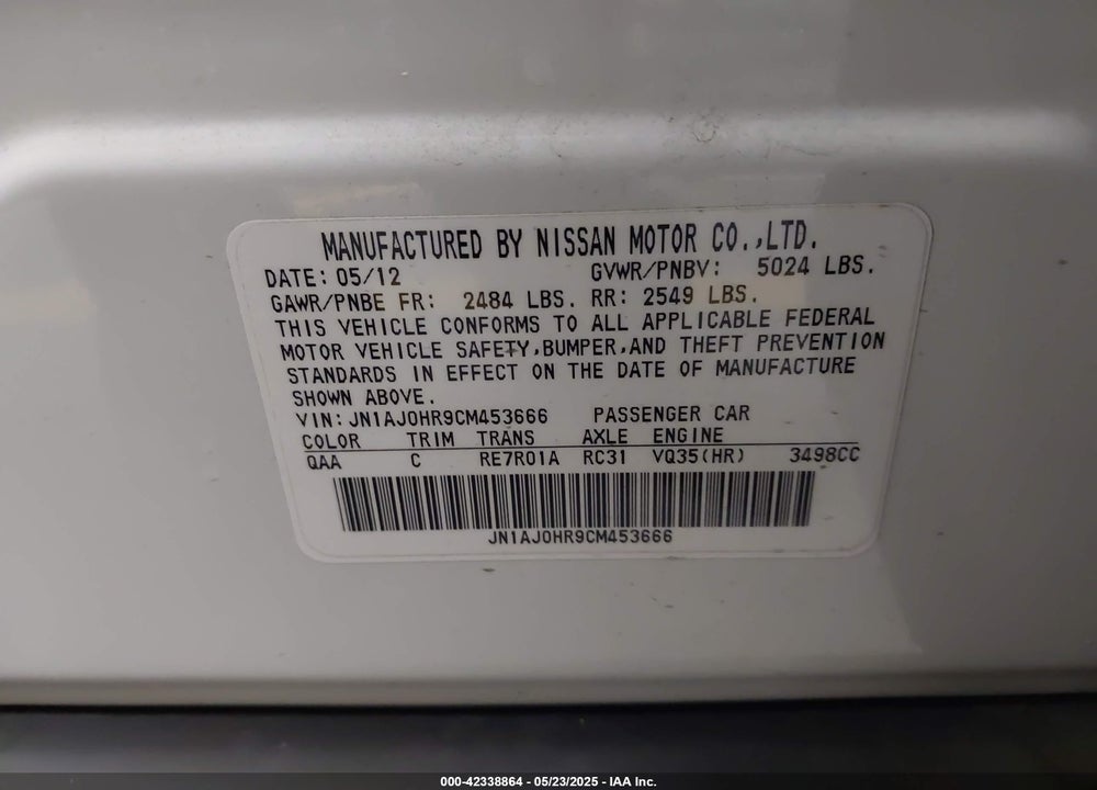 2012 INFINITI EX35 VIN: JN1AJ0HR9CM453666