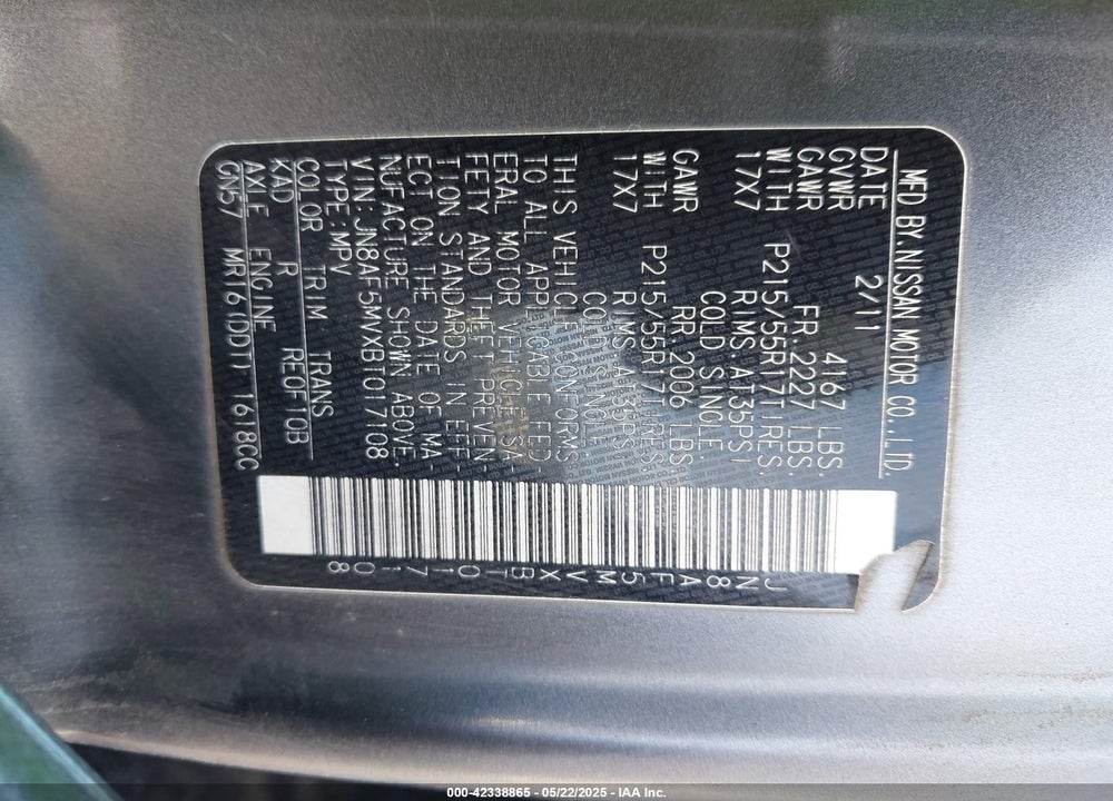 2011 NISSAN JUKE SV VIN: JN8AF5MVXBT017108