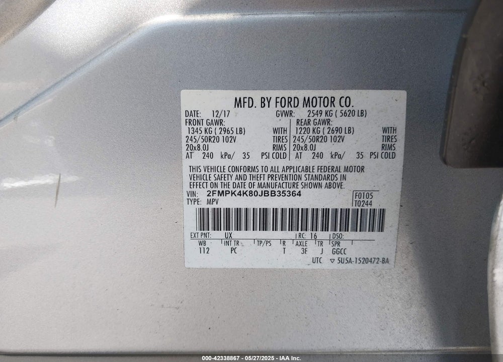 2018 FORD EDGE TITANIUM VIN: 2FMPK4K80JBB35364