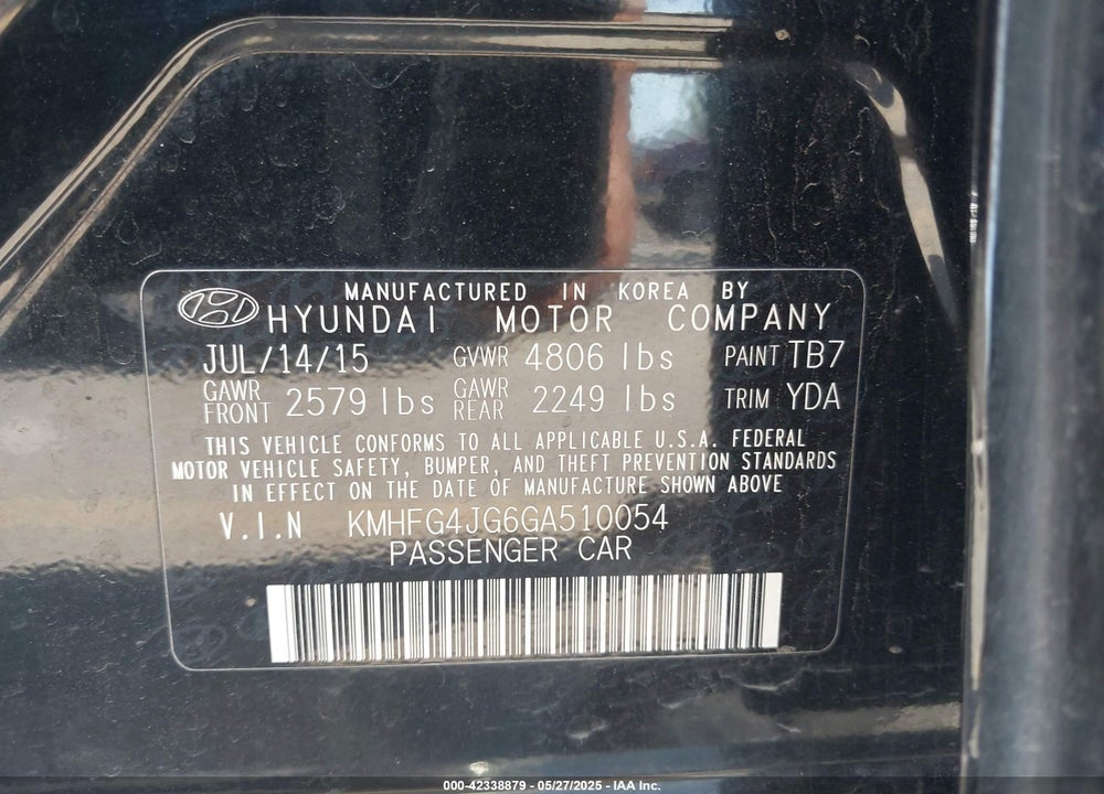 2016 HYUNDAI AZERA VIN: KMHFG4JG6GA510054
