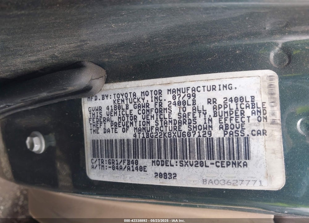1999 TOYOTA CAMRY CE/LE/XLE VIN: 4T1BG22K8XU607129