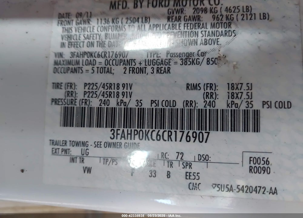 2012 FORD FUSION VIN: 3FAHP0KC6CR176907