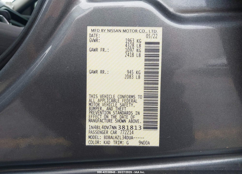 2022 NISSAN ALTIMA VIN: 1N4BL4DV7NN381813