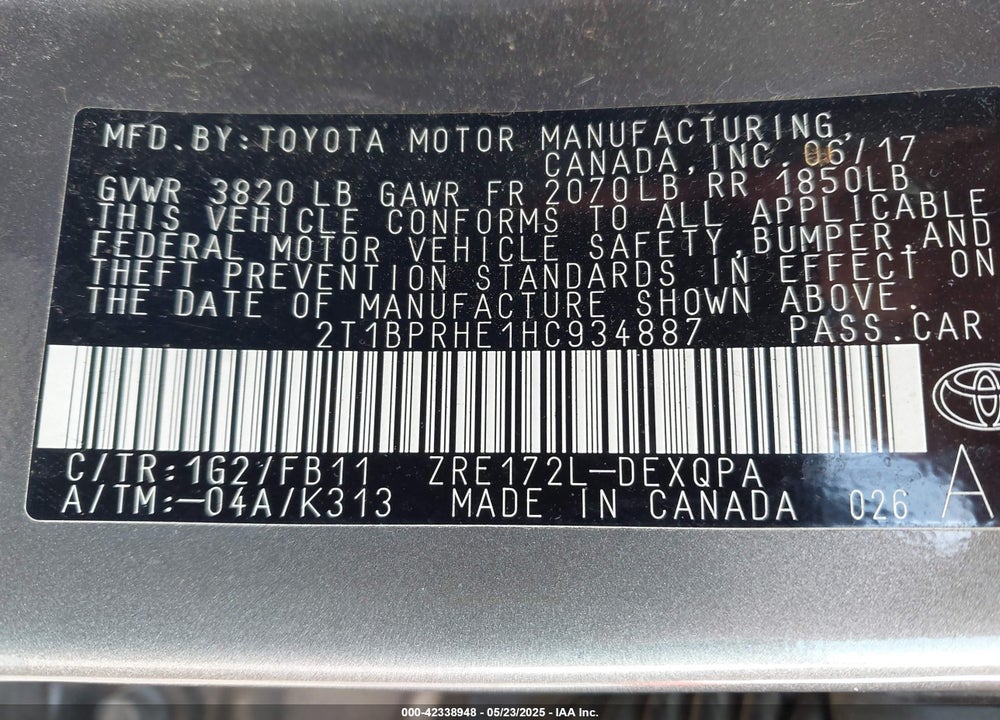 2017 TOYOTA COROLLA LE ECO VIN: 2T1BPRHE1HC934887