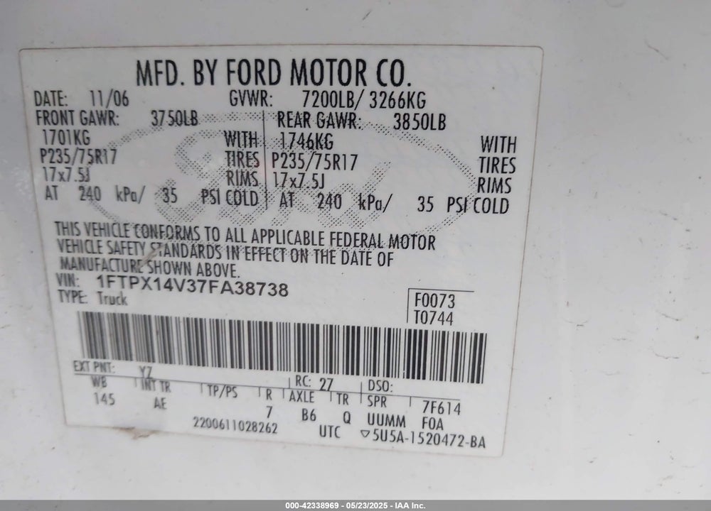 2007 FORD F-150 FX4/LARIAT/XL/XLT VIN: 1FTPX14V37FA38738
