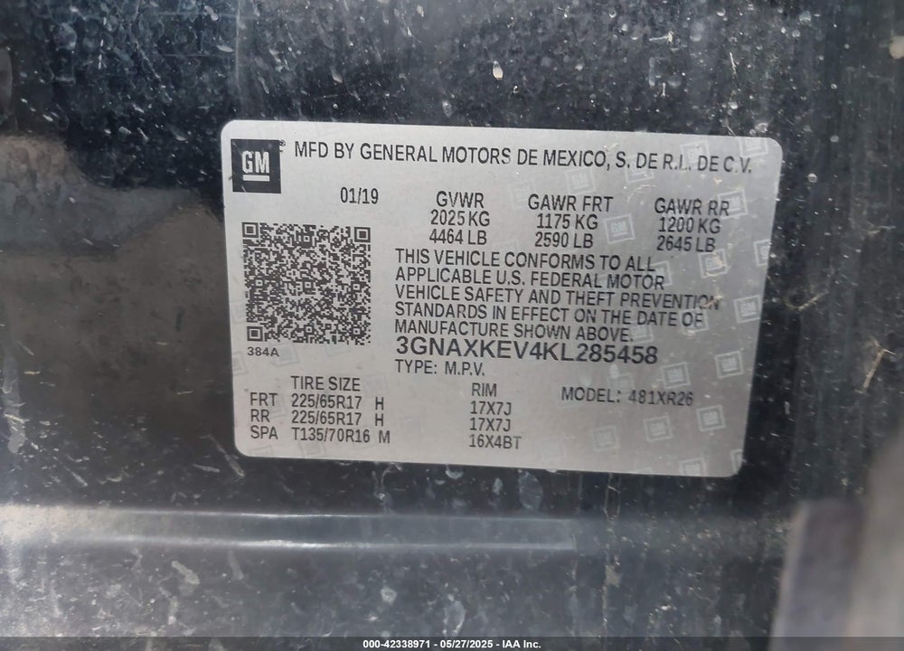 2019 CHEVROLET EQUINOX LT VIN: 3GNAXKEV4KL285458