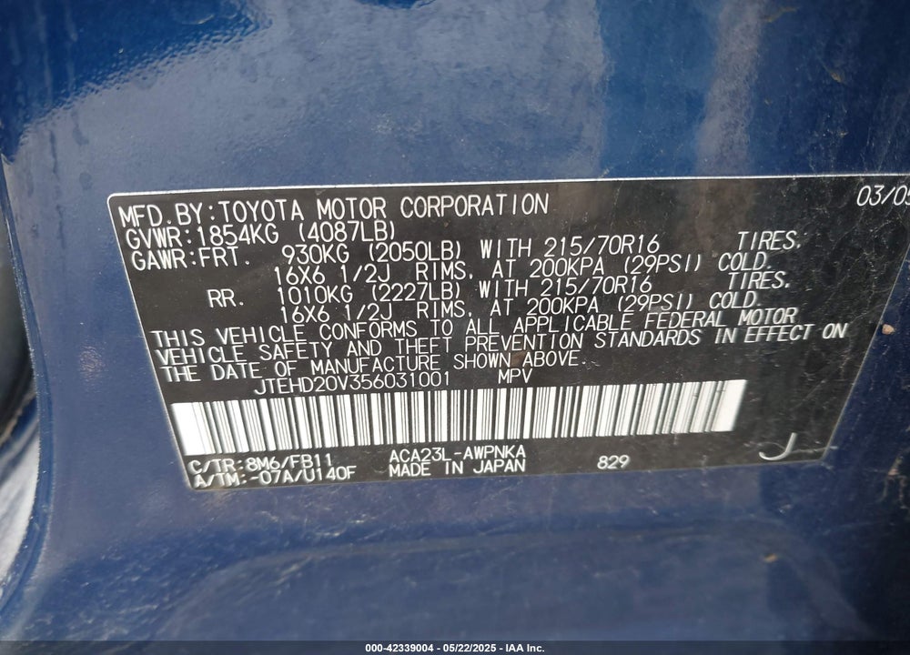 2005 TOYOTA RAV4 VIN: JTEHD20V356031001