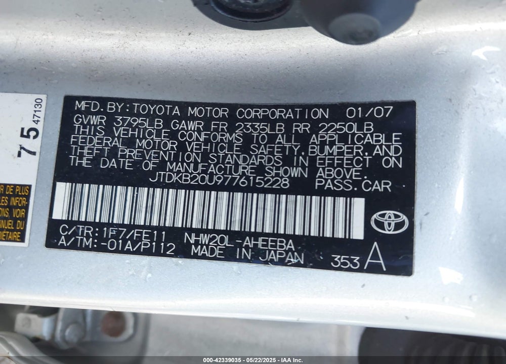 2007 TOYOTA PRIUS VIN: JTDKB20U977615228