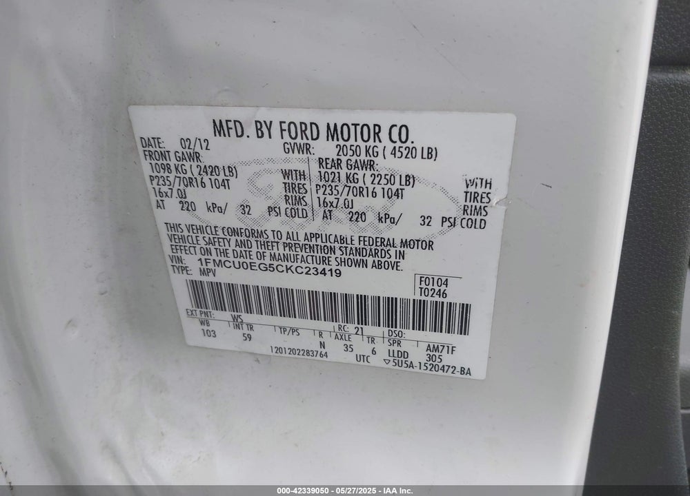 2012 FORD ESCAPE LIMITED VIN: 1FMCU0EG5CKC23419