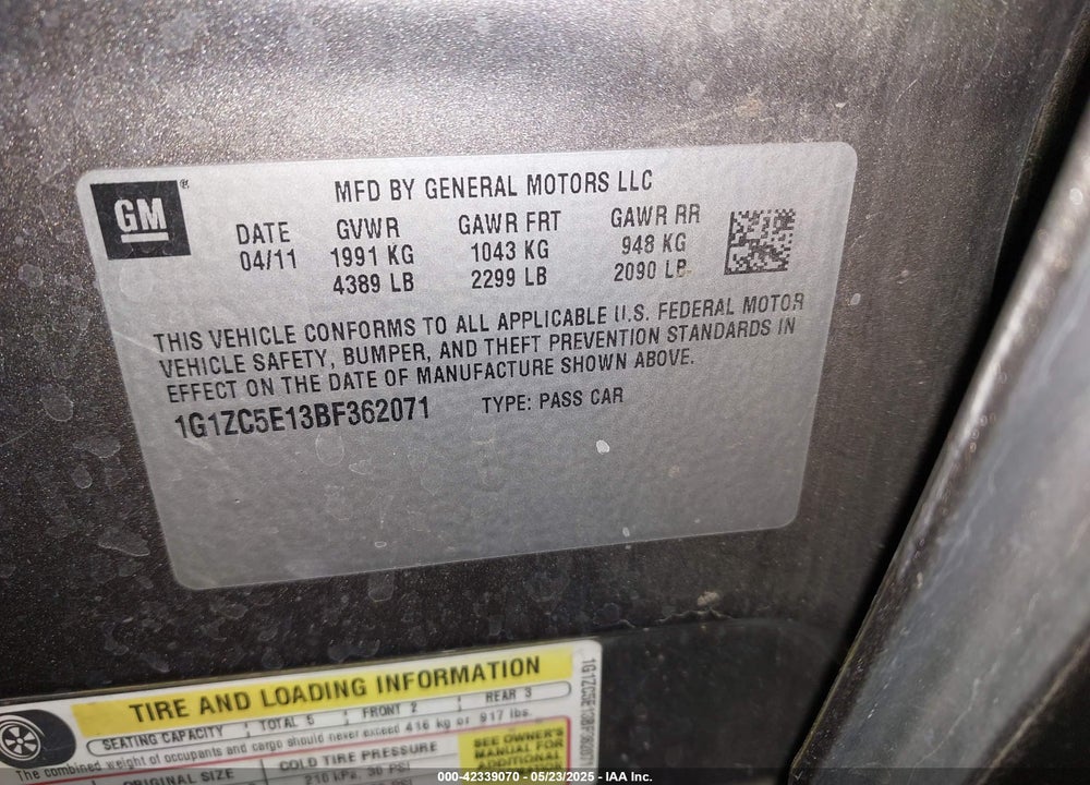 2011 CHEVROLET MALIBU VIN: 1G1ZC5E13BF362071