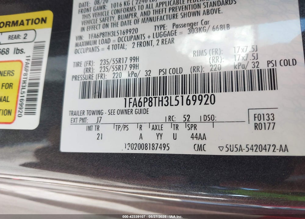 2020 FORD MUSTANG VIN: 1FA6P8TH3L5169920