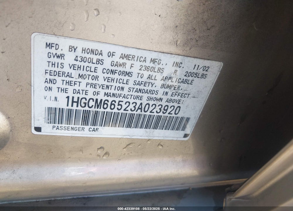 2003 HONDA ACCORD 3.0 EX VIN: 1HGCM66523A023920