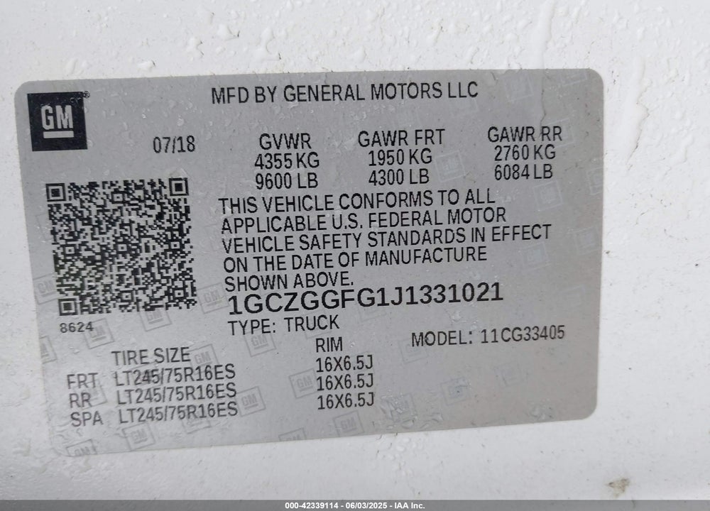2018 CHEVROLET EXPRESS 3500 VIN: 1GCZGGFG1J1331021