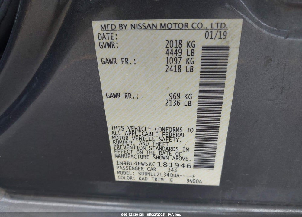 2019 NISSAN ALTIMA VIN: 1N4BL4FW5KC181946