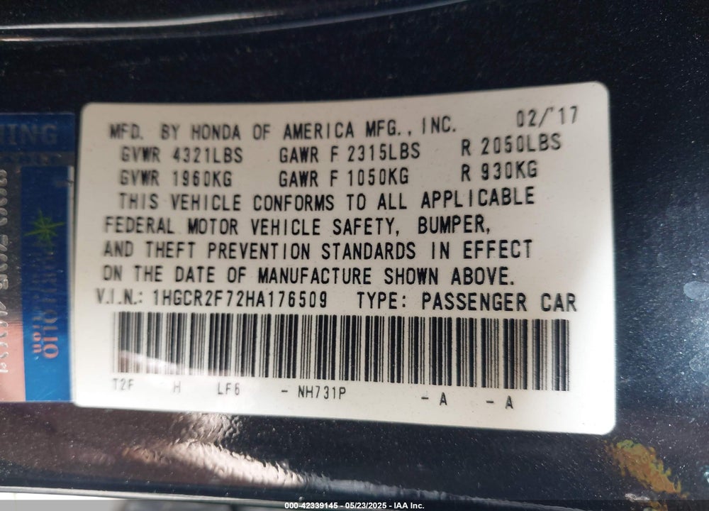 2017 HONDA ACCORD EX VIN: 1HGCR2F72HA176509
