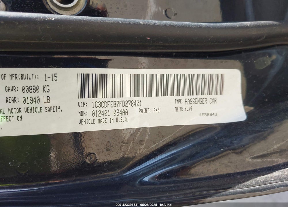 2015 DODGE DART VIN: 1C3CDFEB7FD278401