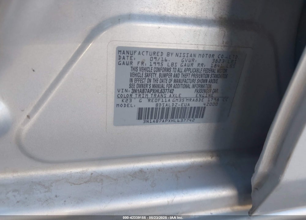 2017 NISSAN SENTRA SV VIN: 3N1AB7APXHL637742