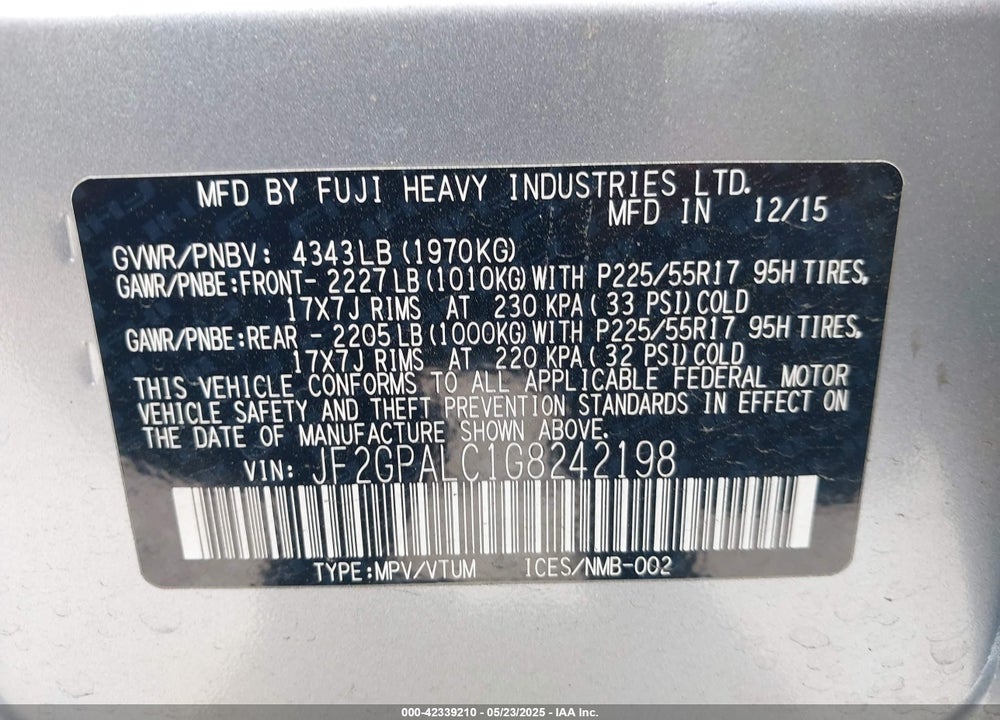 2016 SUBARU CROSSTREK 2.0I LIMITED VIN: JF2GPALC1G8242198