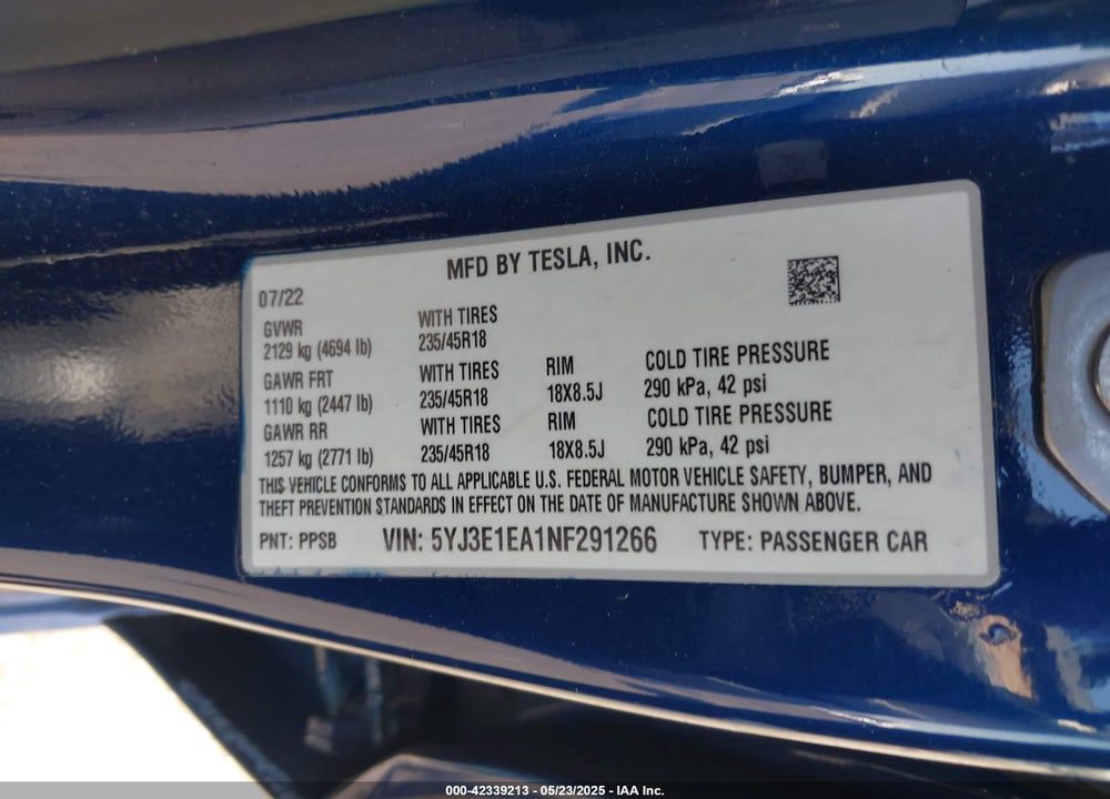 2022 TESLA MODEL 3 VIN: 5YJ3E1EA1NF291266