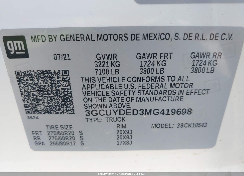 2021 CHEVROLET SILVERADO 1500 VIN: 3GCUYDED3MG419698