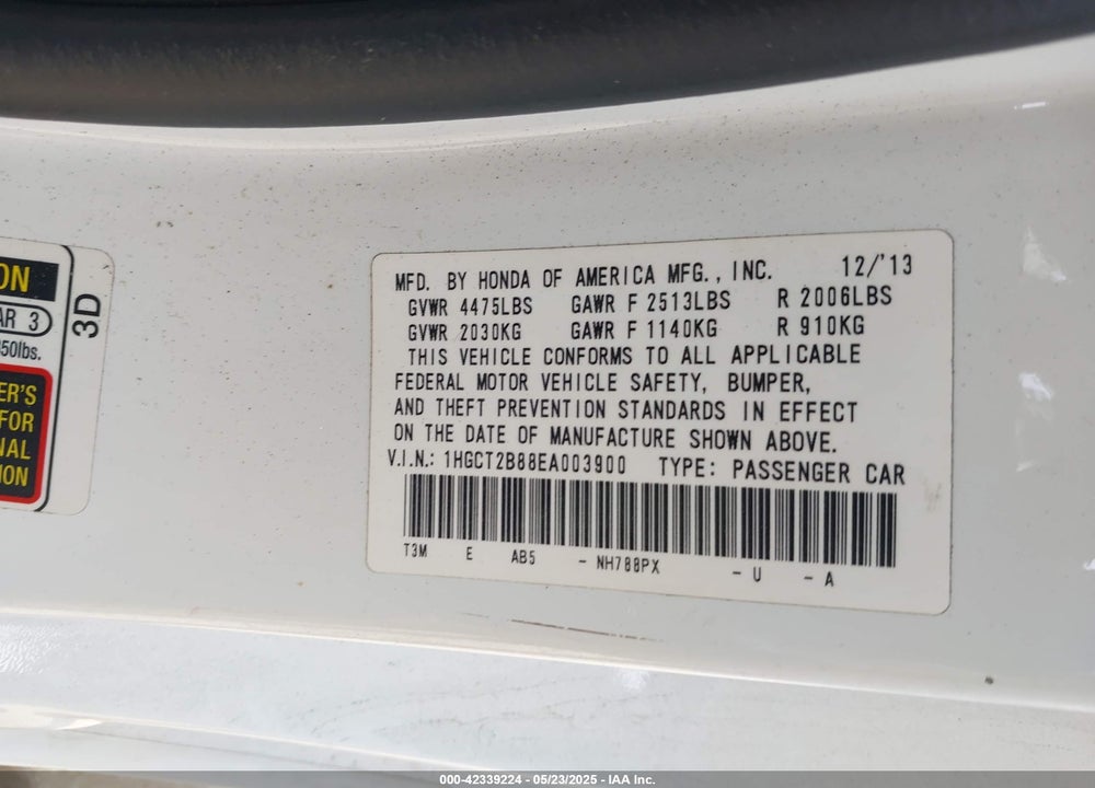 2014 HONDA ACCORD VIN: 1HGCT2B88EA003900