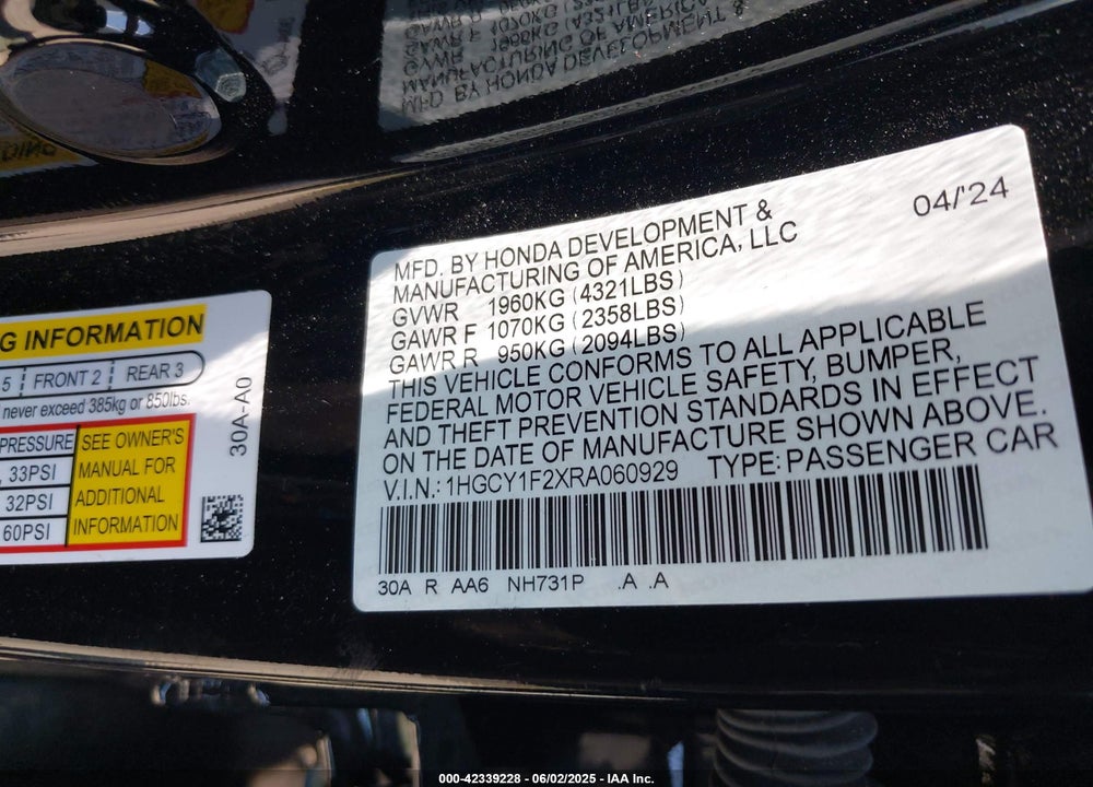 2024 HONDA ACCORD VIN: 1HGCY1F2XRA060929