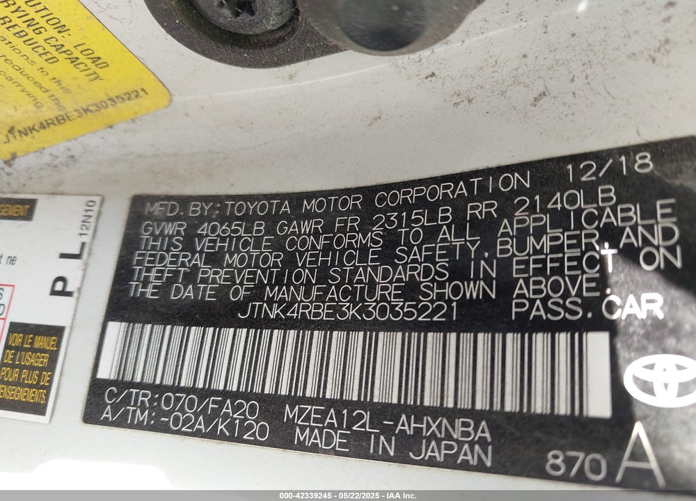 2019 TOYOTA COROLLA HATCHBACK VIN: JTNK4RBE3K3035221