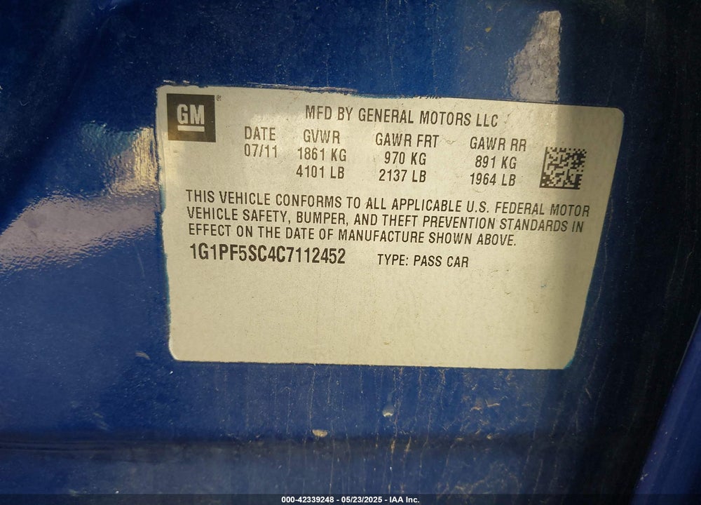 2012 CHEVROLET CRUZE VIN: 1G1PF5SC4C7112452
