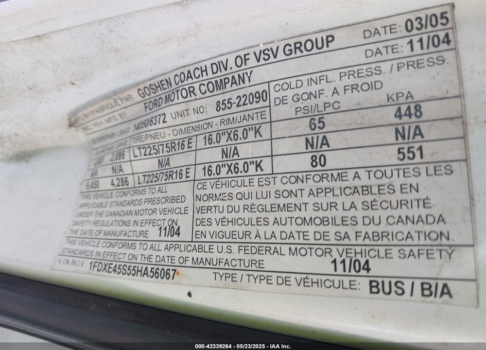 2005 FORD E-450 CUTAWAY STANDARD VIN: 1FDXE45S55HA56067
