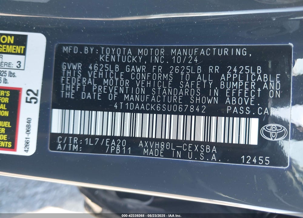 2025 TOYOTA CAMRY VIN: 4T1DAACK6SU067842