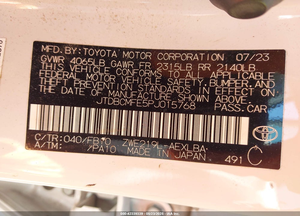 2023 TOYOTA COROLLA VIN: JTDBCMFE5PJ015768