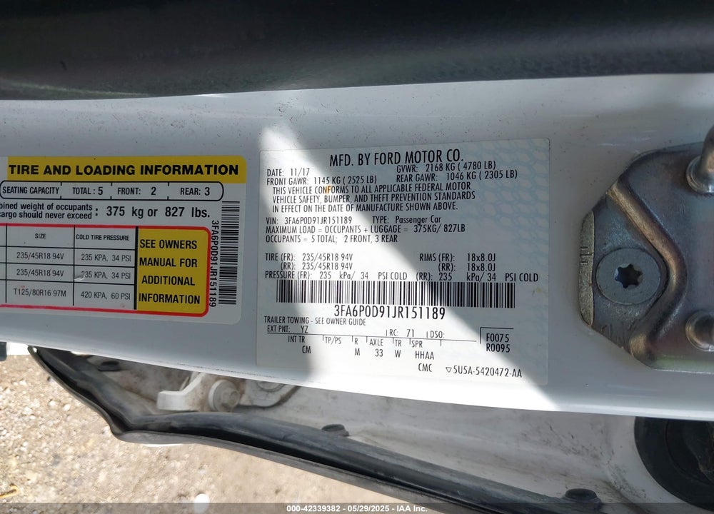 2018 FORD FUSION VIN: 3FA6P0D91JR151189