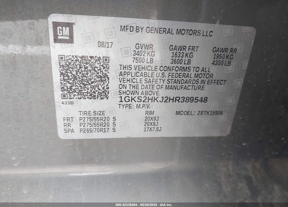 2017 GMC YUKON XL VIN: 1GKS2HKJ2HR389548