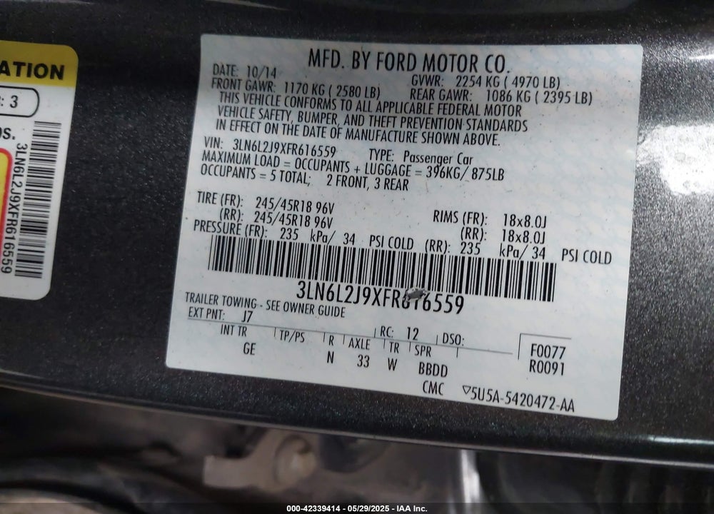 2015 LINCOLN MKZ VIN: 3LN6L2J9XFR616559