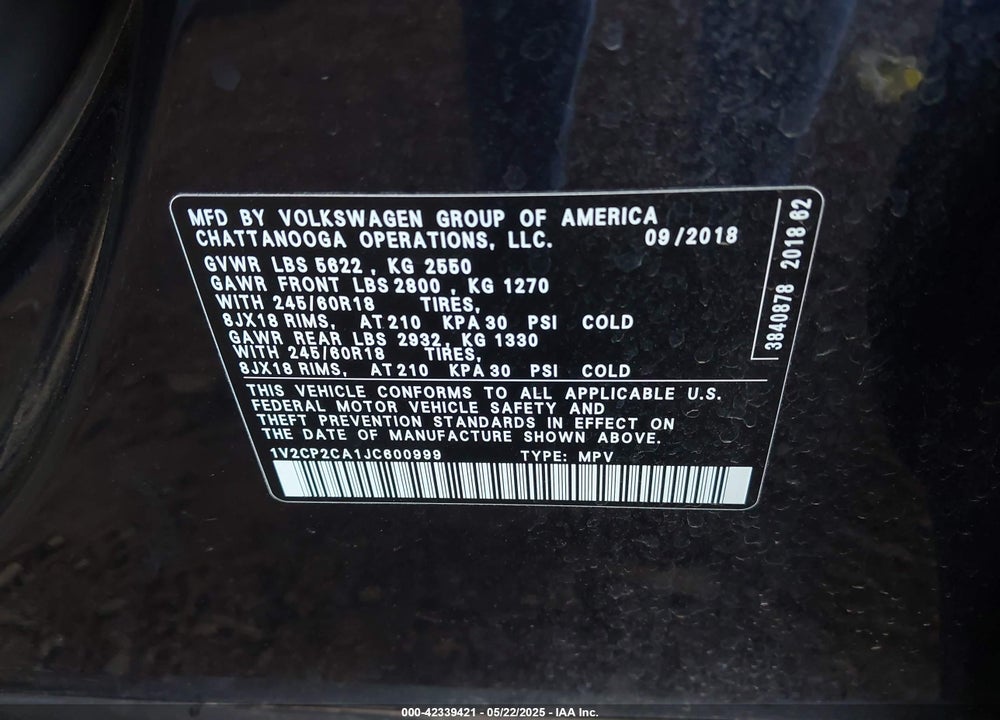2018 VOLKSWAGEN ATLAS VIN: 1V2CP2CA1JC600999