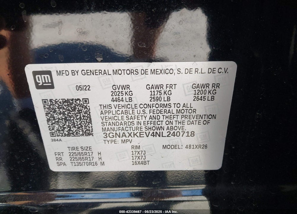 2022 CHEVROLET EQUINOX VIN: 3GNAXKEV4NL240718