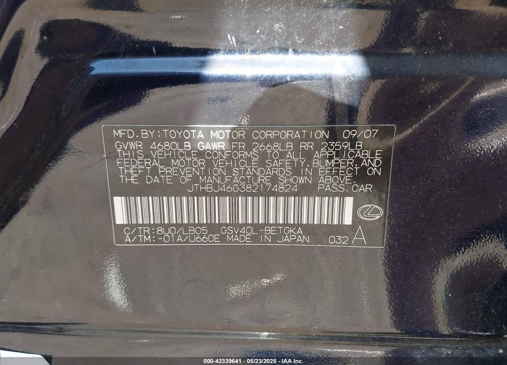 2008 LEXUS ES350 VIN: JTHBJ46G382174824