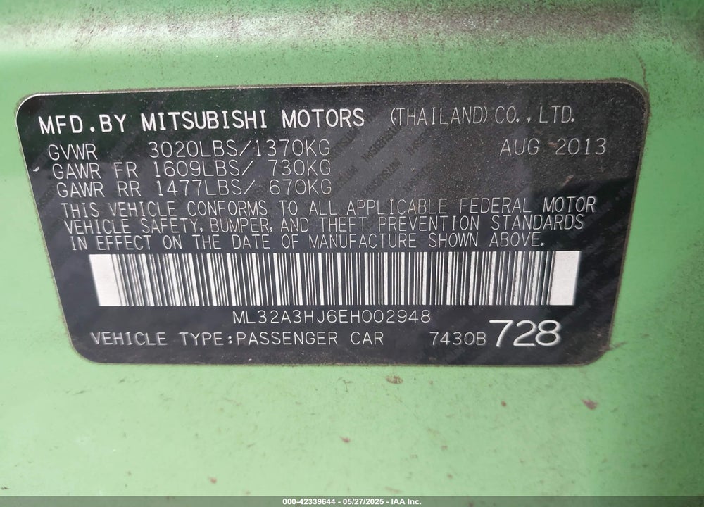 2014 MITSUBISHI MIRAGE VIN: ML32A3HJ6EH002948